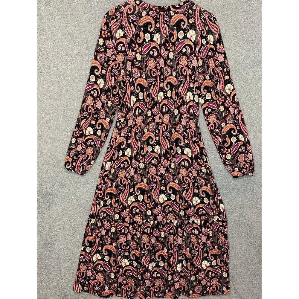 Loft Brown Boho Prairie Womens Keyhole Neck Tie Front LS Maxi Dress Sz M Stretch